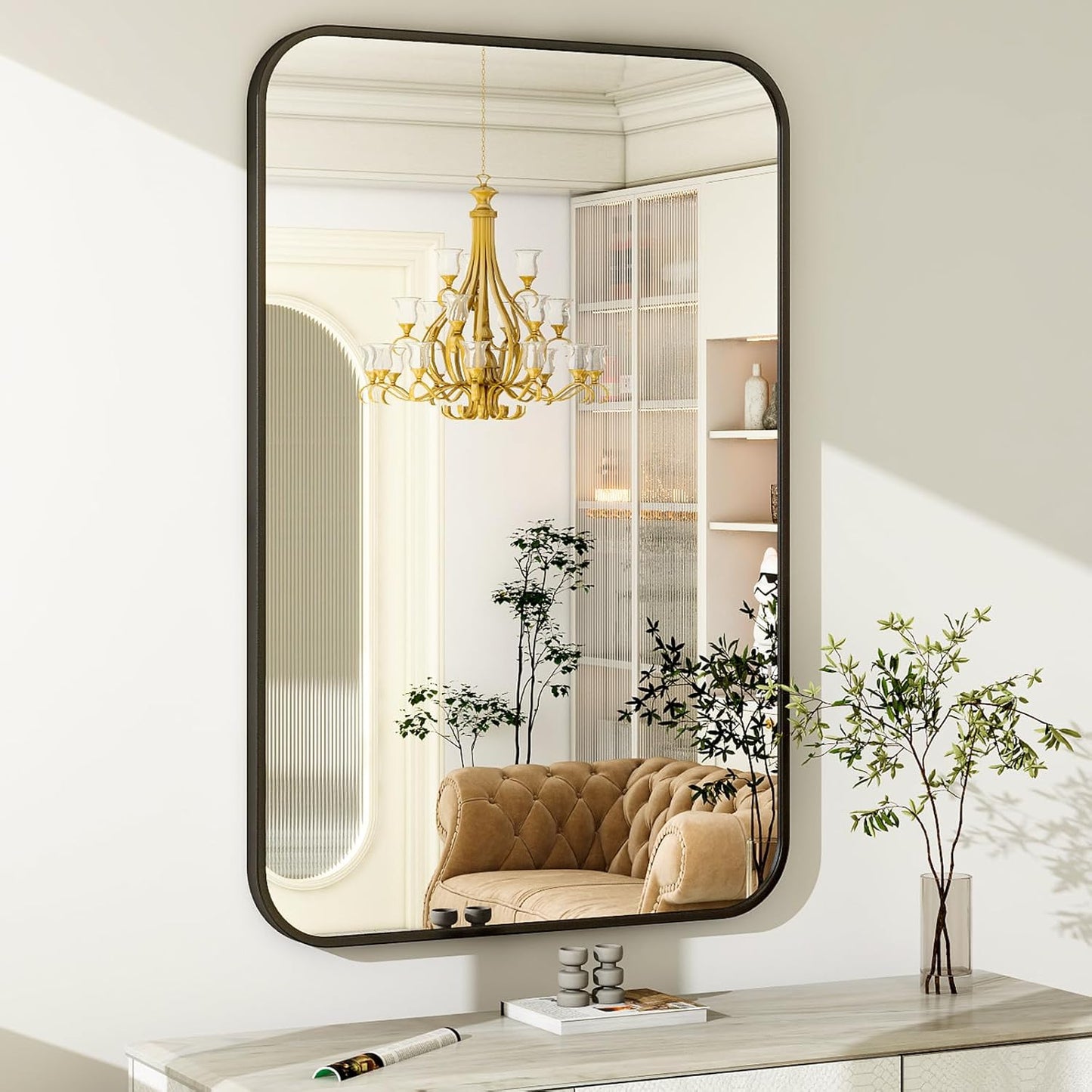 26 x 38 Inch Bathroom Mirror, Rounded Rectangular Vanity Mirror for Wall, Modern Mirror for Room Decor, Black Framed Wall-Mounted Mirrors for Home Decor, Hangs Horizontally or Vertically