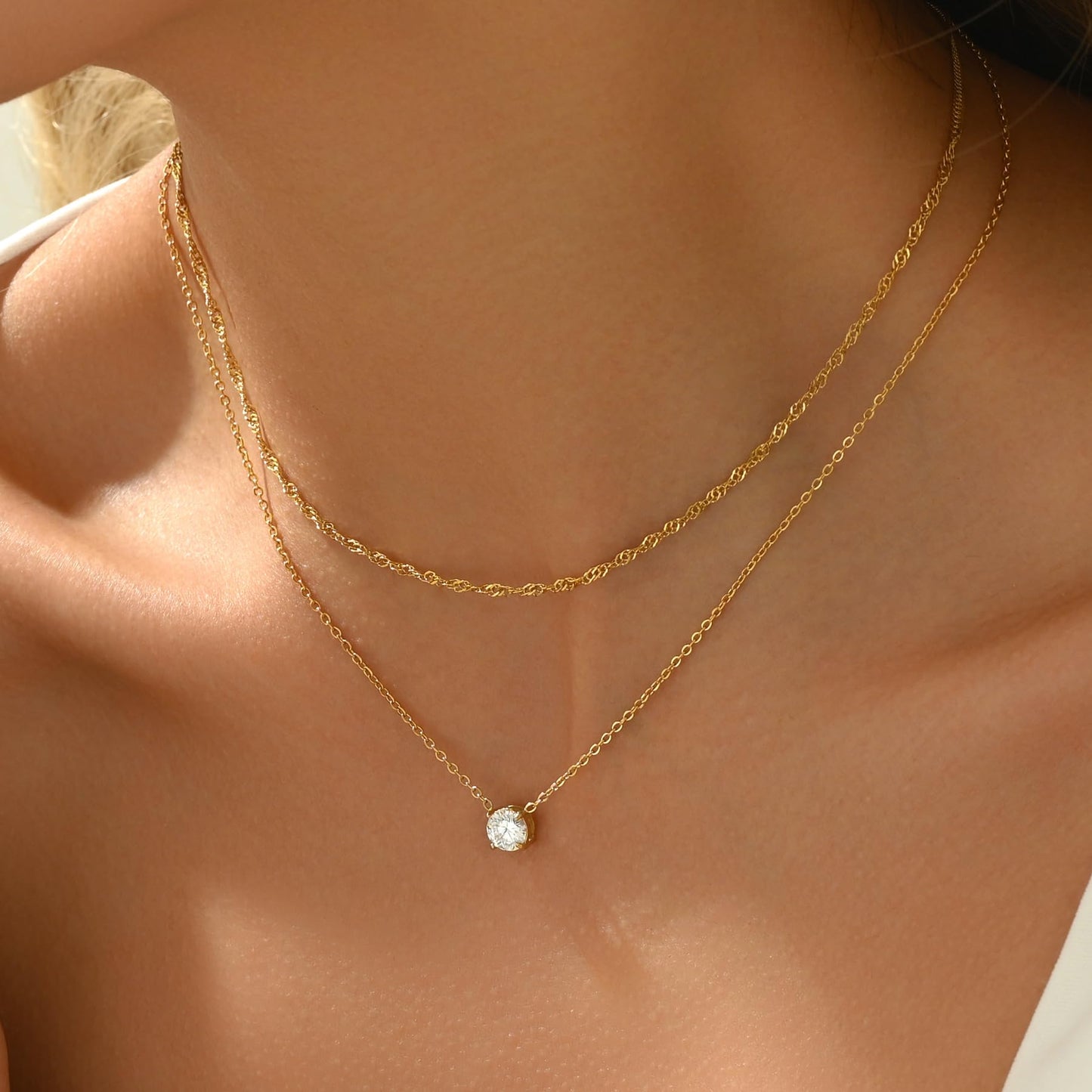 NONAMOIS 18K Gold Plated Twisted Singapore Chain Choker Necklace for Women Dainty Gold Layering Solitaire Cubic Zirconia Pendant Necklace Set Stainless Steel Non Tarnish Jewelry