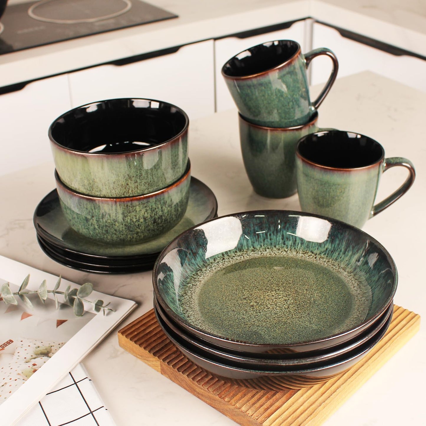 Dinnerware Sets(16Pcs) Serves for 4, Reactive Glaze Plates and Bowls Set with Mug,7.9"Small Plate,8.3"Salad Plate,5.5"bowl, Modern kitchen tableware,Microwave safe, Set No.4