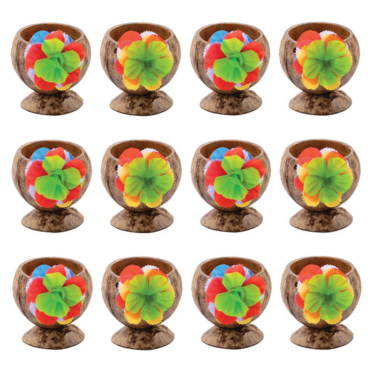 Fun Express Coconut Cups for Party 12 Pack - Natural Coconut Shell Cups with Colorful Flowers | Hawaiian Luau Party Supplies & Tiki Party Decorations | Tropical Theme Favor Holders for Candy Buffet