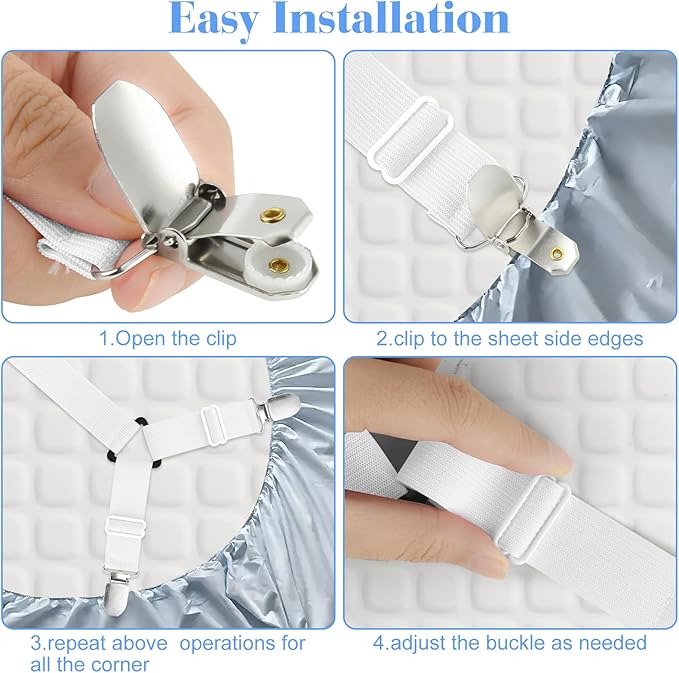 Morcheiong 2 Pack Bed Sheet Fasteners Straps Adjustable Bed Sheet Holder Bands with Sheet Clips for Bedding Stays Bedsheet Tie Downs - White