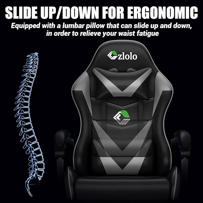 Gaming Chair with Footrest Racing Style Lumbar Support Massager Video Game Chair with Metal Legs, High Back Reclining Gamer Chair with Headrest, 360° Swivel Office Computer Desk Chair (Gray)