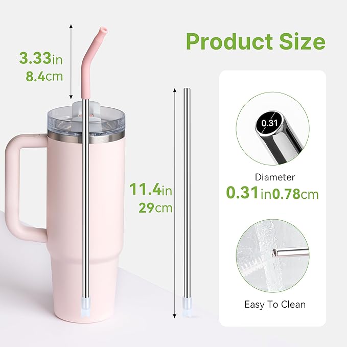 Metal Straw Replacement for Stanley 30 OZ Tumbler,11″ Long Stainless Steel Drinking Straws with Black Silicone Tip for STANLEY Quencher 30 oz Cups,100% BPA Free,Reusable,Dishwasher Safe(Light Pink