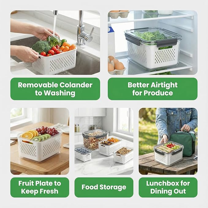 10PCS Fruit Storage Containers for Fridge, Leakproof Produce Containers for Fridge with Removable Colander, All-In-One Fruit Containers Stainers Berry, Fruits, Vegetables, Lettuce Keeper Local Stock