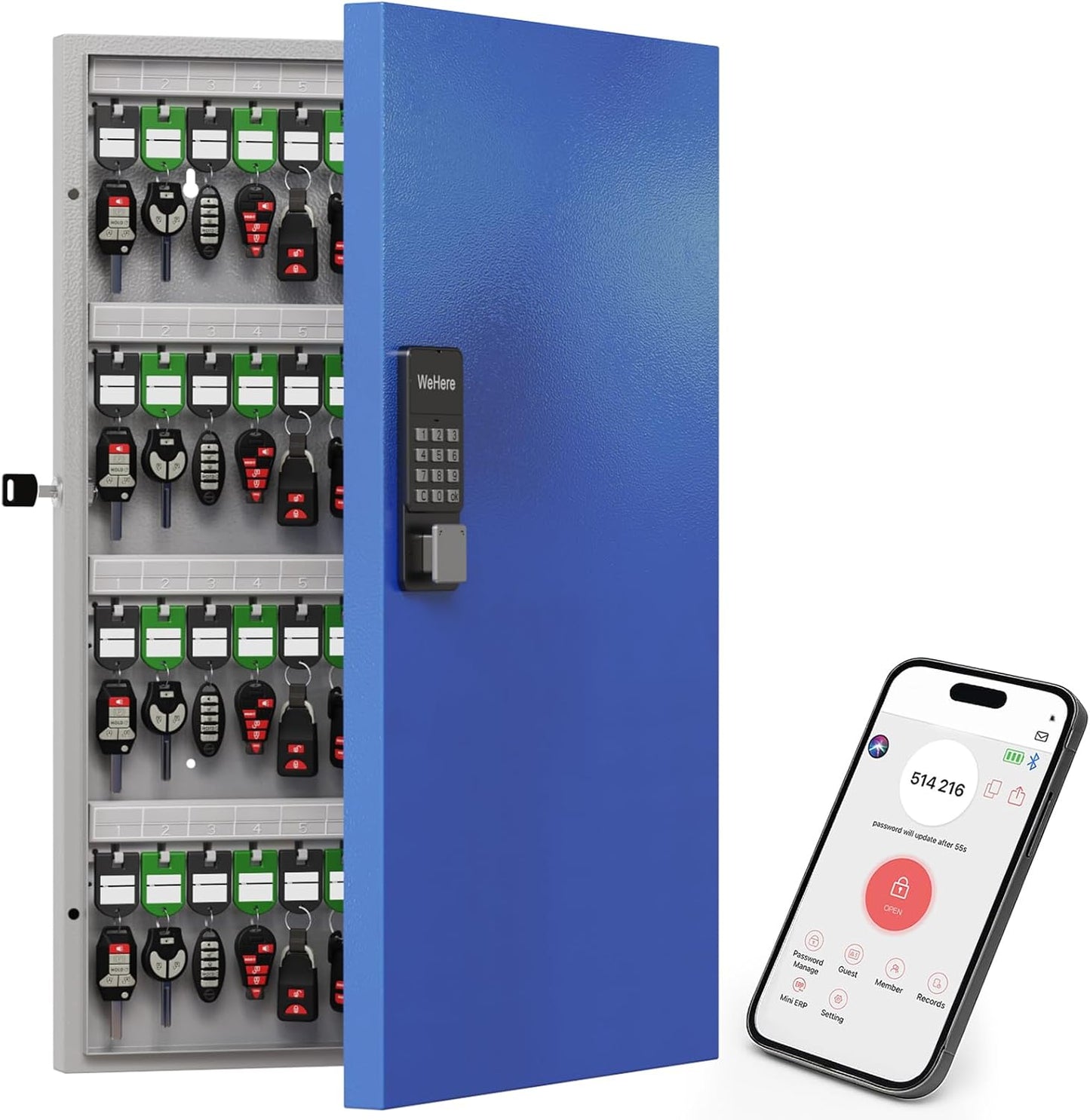 WeHere 96 Key Lock Box Wall Mount, APP Bluetooth/OTP/Wi-Fi Remote/Fixed Code/Key Unlock, Smart Key Cabinet Organizer Holder Box, Key Management Directory for Apartment, Hotel, Office, House