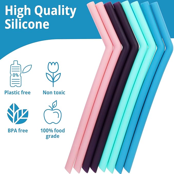 8 Reusable Silicone Smoothie Straws and Cleaning Brush, 30 Ounce - 20 Ounce Tumblers Compatible, Dishwasher Safe, Extra Long Straw - Flexible and Yeti/RTIC Tumbler Compatible