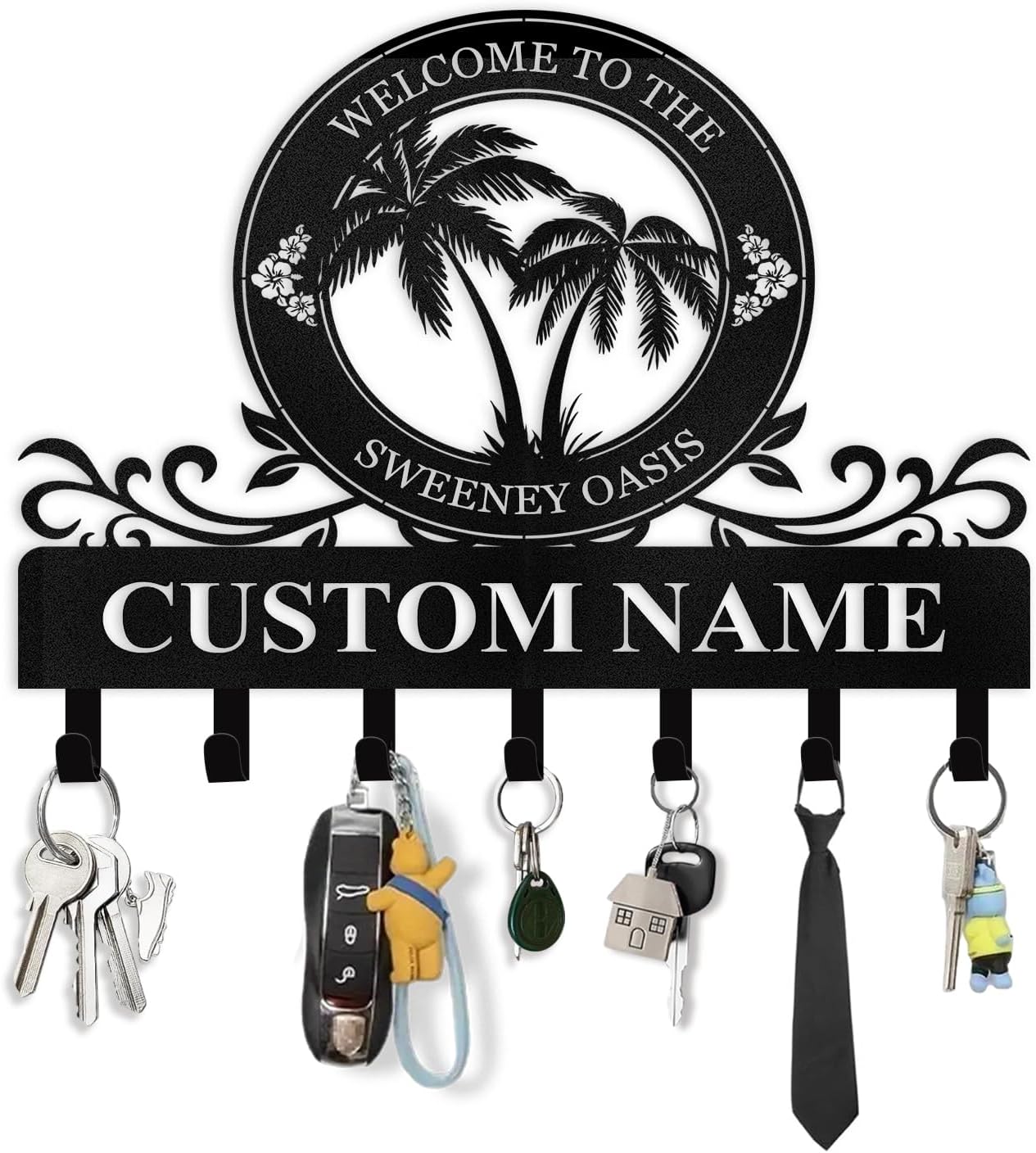 Personalized Key Holder for Wall - Beach Theme Coat Rack Wall Mount with Palm Tree Design, Metal Key Organizer with Hooks, Key Hanger Wall Decor for Front Door Kitchen Bathroom, Housewarming Gifts