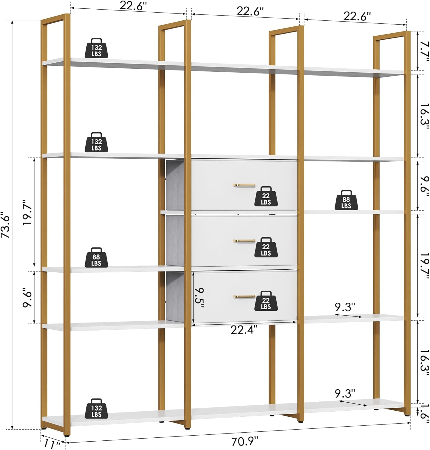 73.6" Tall Bookshelf with 3 Drawers and 16 Storage Shelves, Industrial Bookcase with 16 Open Display Shelves, Large Etagere Bookshelf, Triple Wide Book Shelf Book Case for Home & Office, Gold