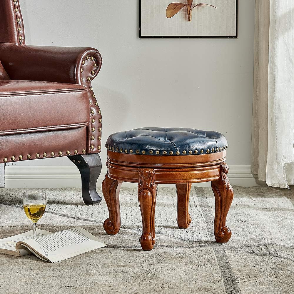 Solid Wood Foot Stool Round Ottoman Mid-Century Footrest Sofa Stool with Microfiber Leather Cushion for Living Room, Bedroom, Entryway (Dark Blue)