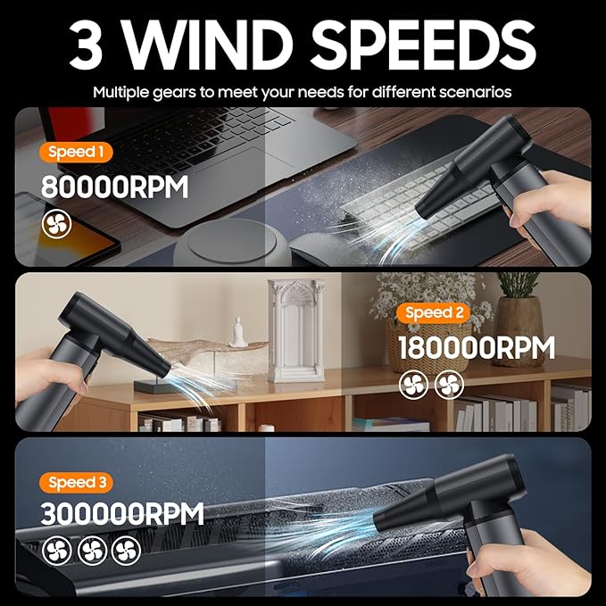 Compressed Air Duster - 300000RPM, Electric Air Blower Cordless Portable with LED Light 8000mAh Rechargeable Battery, 3-Gear Adjustable Dust Blower for Keyboard, Computer, Car, Home Cleaning
