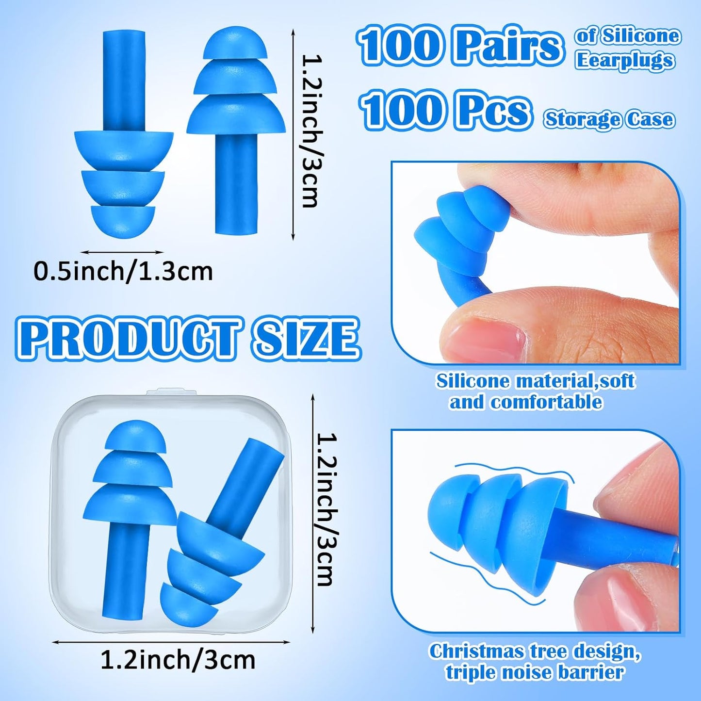 TrelaCo 100 Pairs Ear Plugs Bulk, NRR 29dB Reusable Silicone Ear Plugs with Plastic Cases Soft Foam for Sleeping Noise Cancelling for Concerts Shooting Swimming Noise Reduction(Blue)