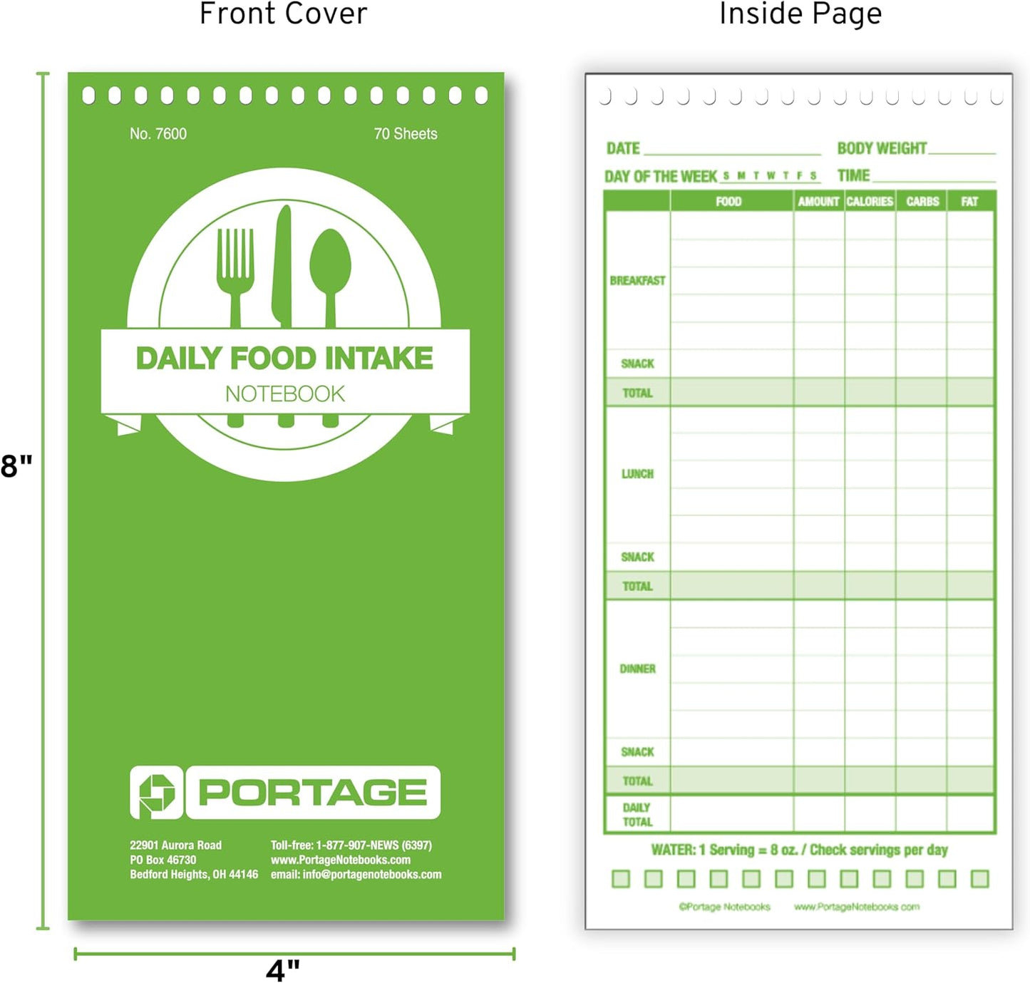 Portage Food Diet Journal - Notebook for Daily Food Intake with Template to Track Calories, a Diet Diary, Meal Tracker – 4 x 8 Inches, 70 Sheets, 140 Pages, (Pack of 3)