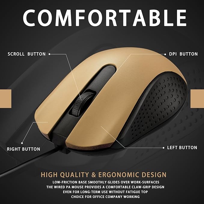 Bonuci 30 Pack USB Wired Mouse 3 Button Corded Computer Mice Bulk USB Mouse for PC Desktop, Laptop, Office, School, Classroom Use(Gold)
