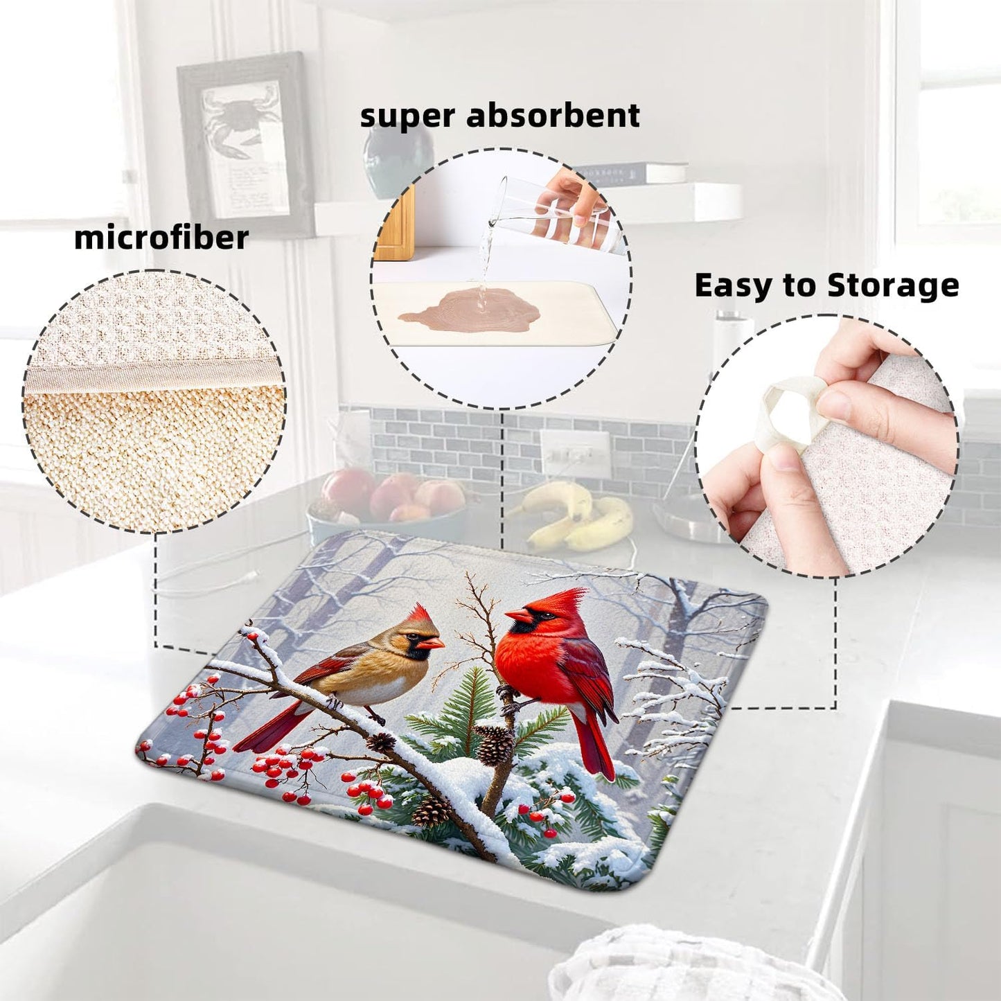 Christmas Drying Mat for Kitchen Counter 16" X 18" Christmas Dish Drying Mat for Kitchen Decor Birds Xmas Drying Mats For Home Counter Drying Mats For Dishes Dish Mat Drying Mat