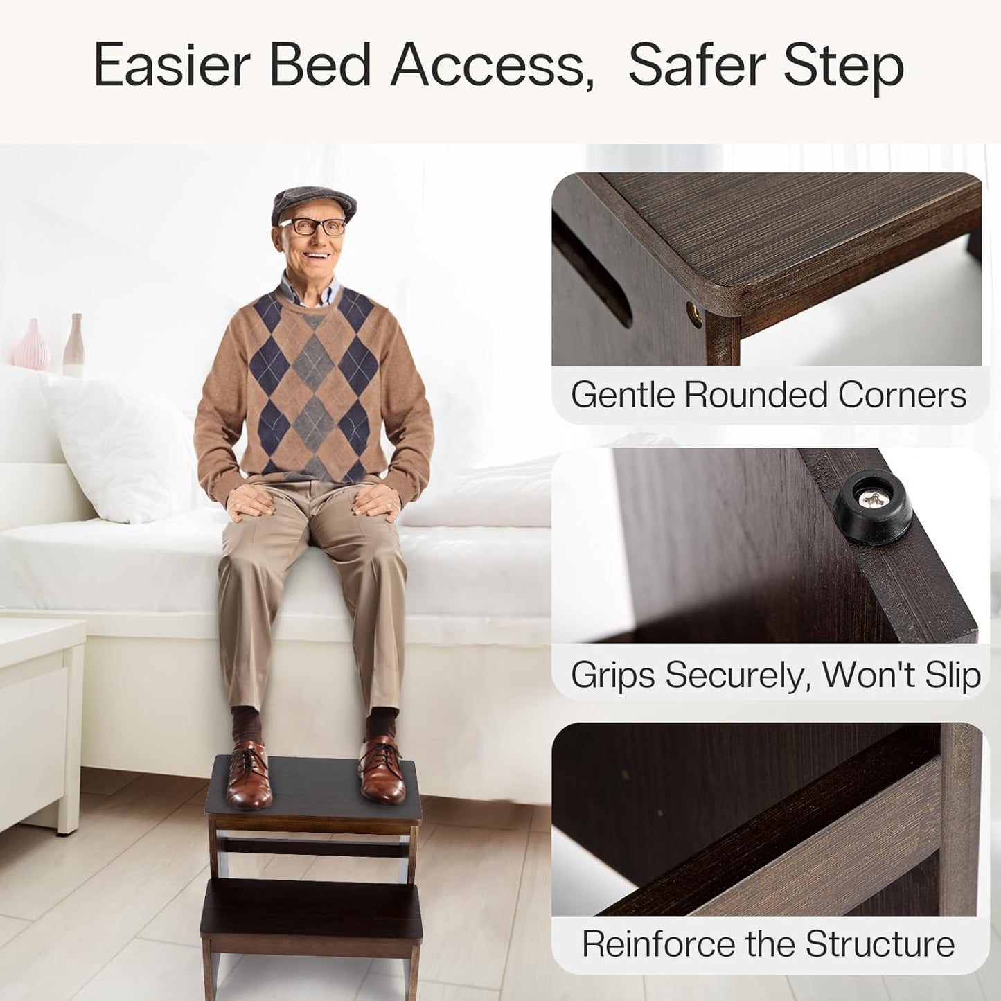 StrongTek Bed Step Stool for High Beds, Large Surface Bamboo 2-Step Stool for Adults, Seniors, Elderly, 400 lbs Heavy Duty, Non-Slip, Durable Wood Stepping Stool for Bedroom & Bathroom