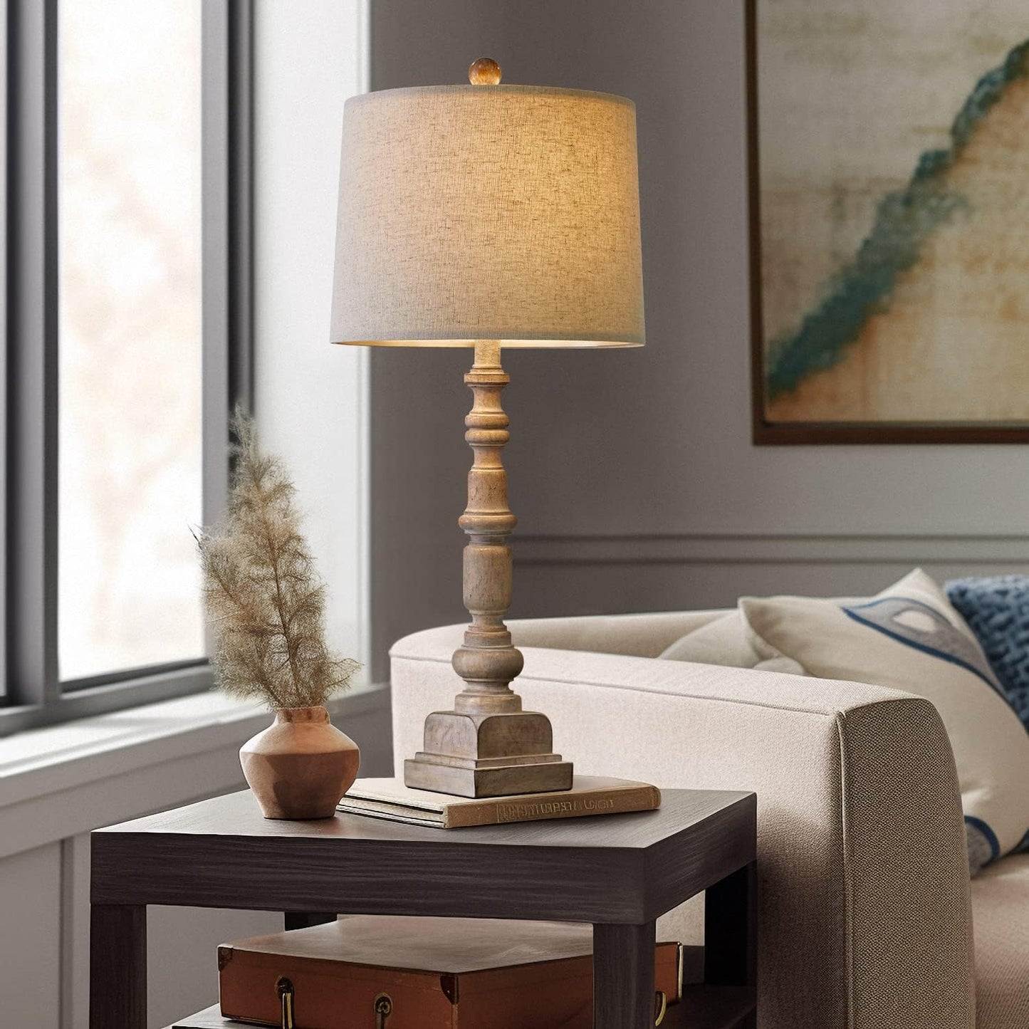 Oneach 27.75" Vintage Farmhouse USB Table Lamps Set of 2 for Living Room Bedroom Traditional Bedside Nightstand Lamp with Dual USB Port Resin Table Lamp with Rotary Switch for Living Room Bedroom