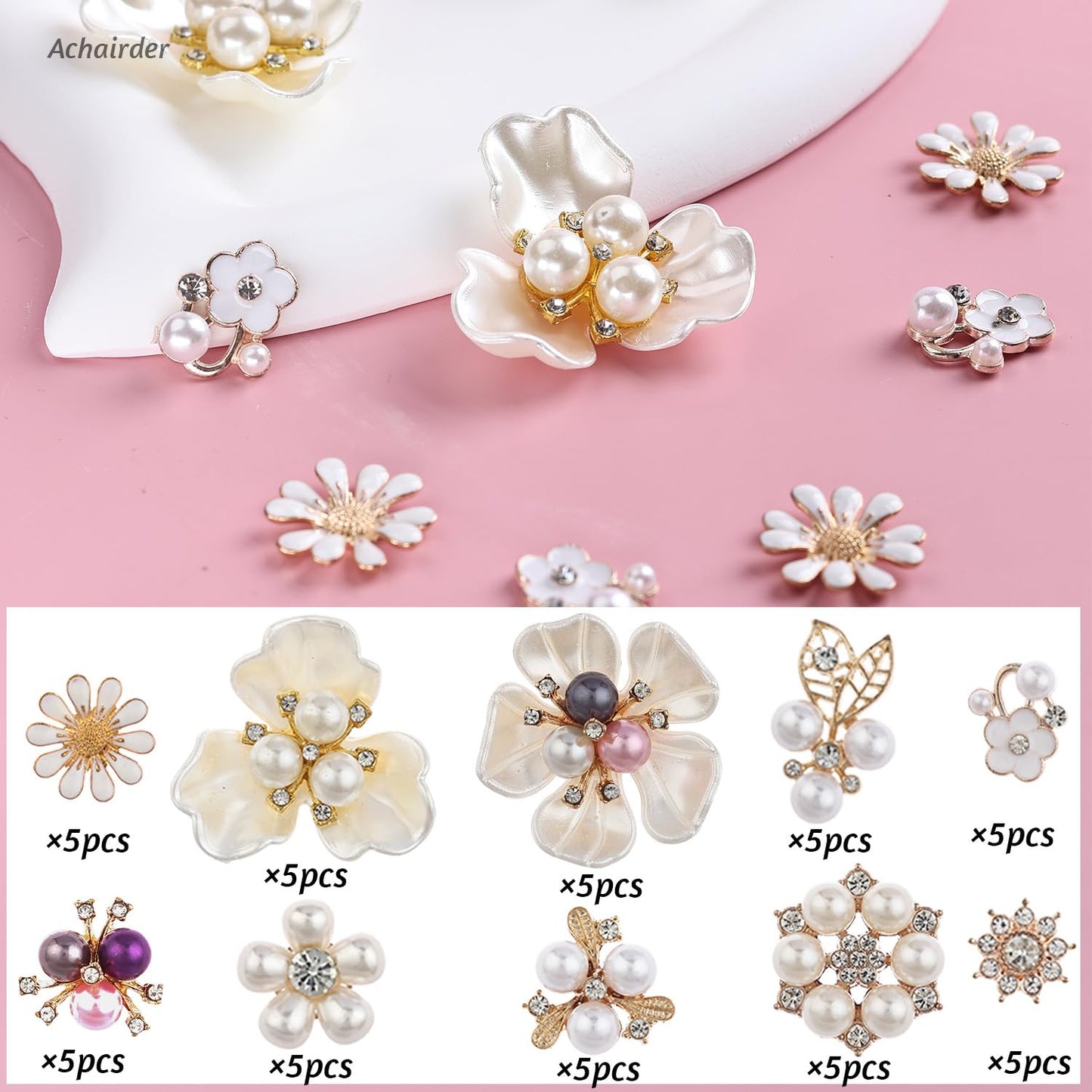 50PCS Rhinestone Buttons Faux Pearl Embellishments Buttons,Flat Back Flower Rhinestone Charms for Jewelry Making DIY Wedding Bouquet, Decor Clothes Bag Shoes Craft Accessory