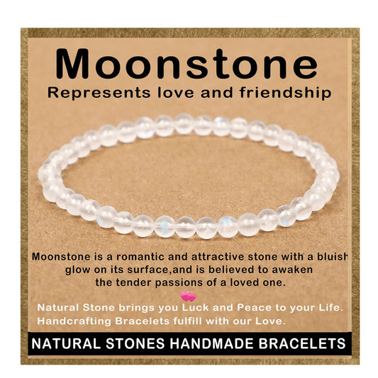AD Beads Handmade Gemstone Stretch Elastic Bracelet Crystal Healing Reiki Nature's Beauty and Spiritual Essence Unisex (4mm, Moonstone (Love and Friendship))