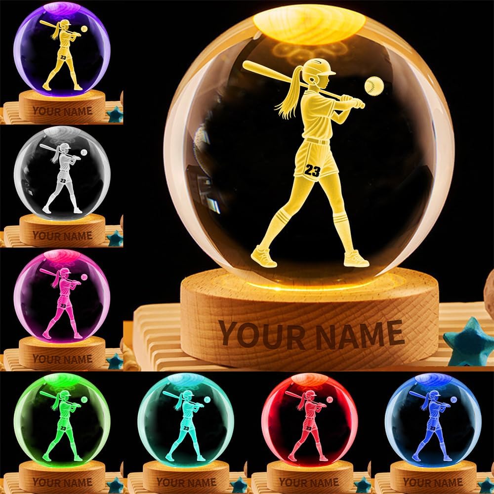 Personalized Softball Crystal Night Light Gift for Women, Custom Name/Number Softball Player 3D Crystal Ball Night Light Lamp for Bedroom Room Sports Decor Party Bar Christmas Birthday Gift
