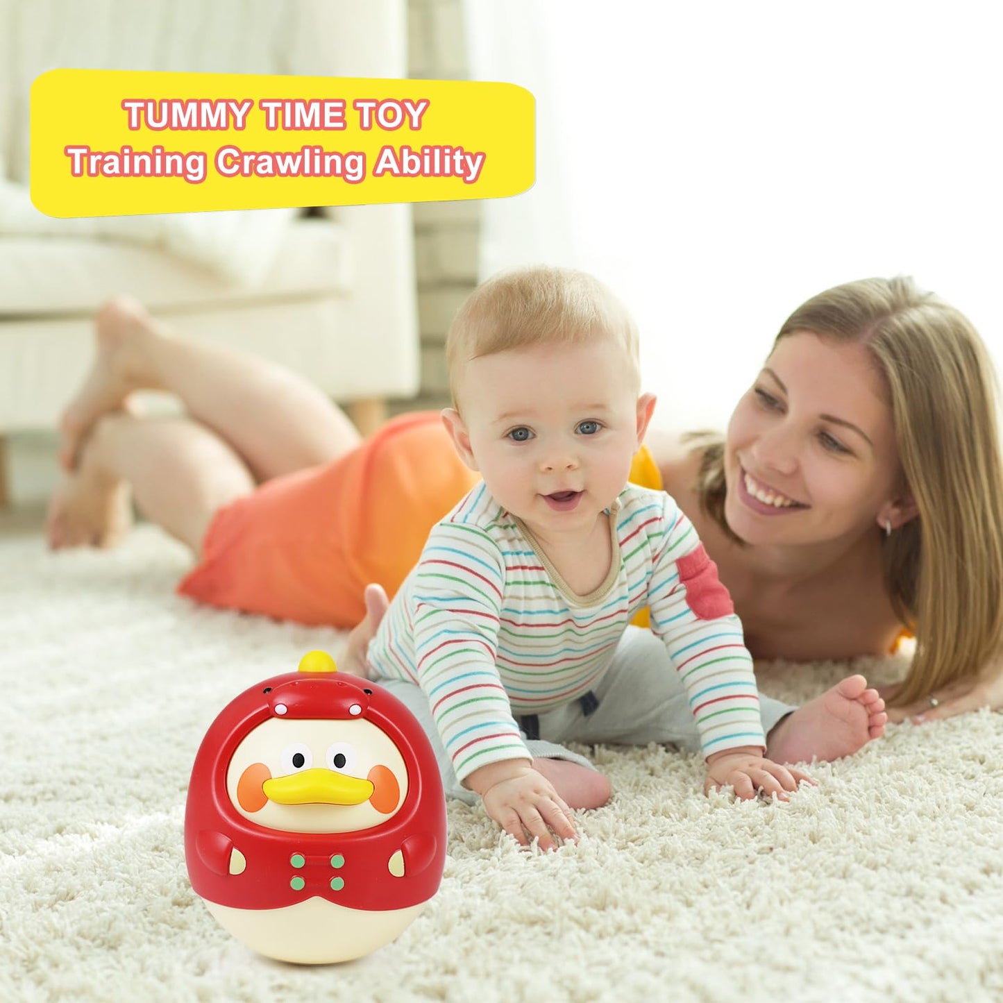Tinabless Tummy Time Toys, Dinosaur-Duck Roly Poly Baby Toy, Musical Wobbler Toy | Tumbler Wobbler Toy for Newborns 3-12 Month Baby Boys and Girls Easter Basket Gift First Birthday Present (Red)
