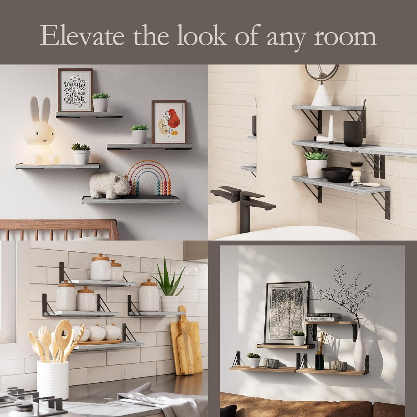 BAYKA Wall Shelves for Bedroom Decor, Floating Wall Shelves for Living Room Kitchen Storage, Wall Mounted Rustic Wood Floating Shelves for Kids Books, Corner Shelf for Bathroom(Gray White，Set of 4)