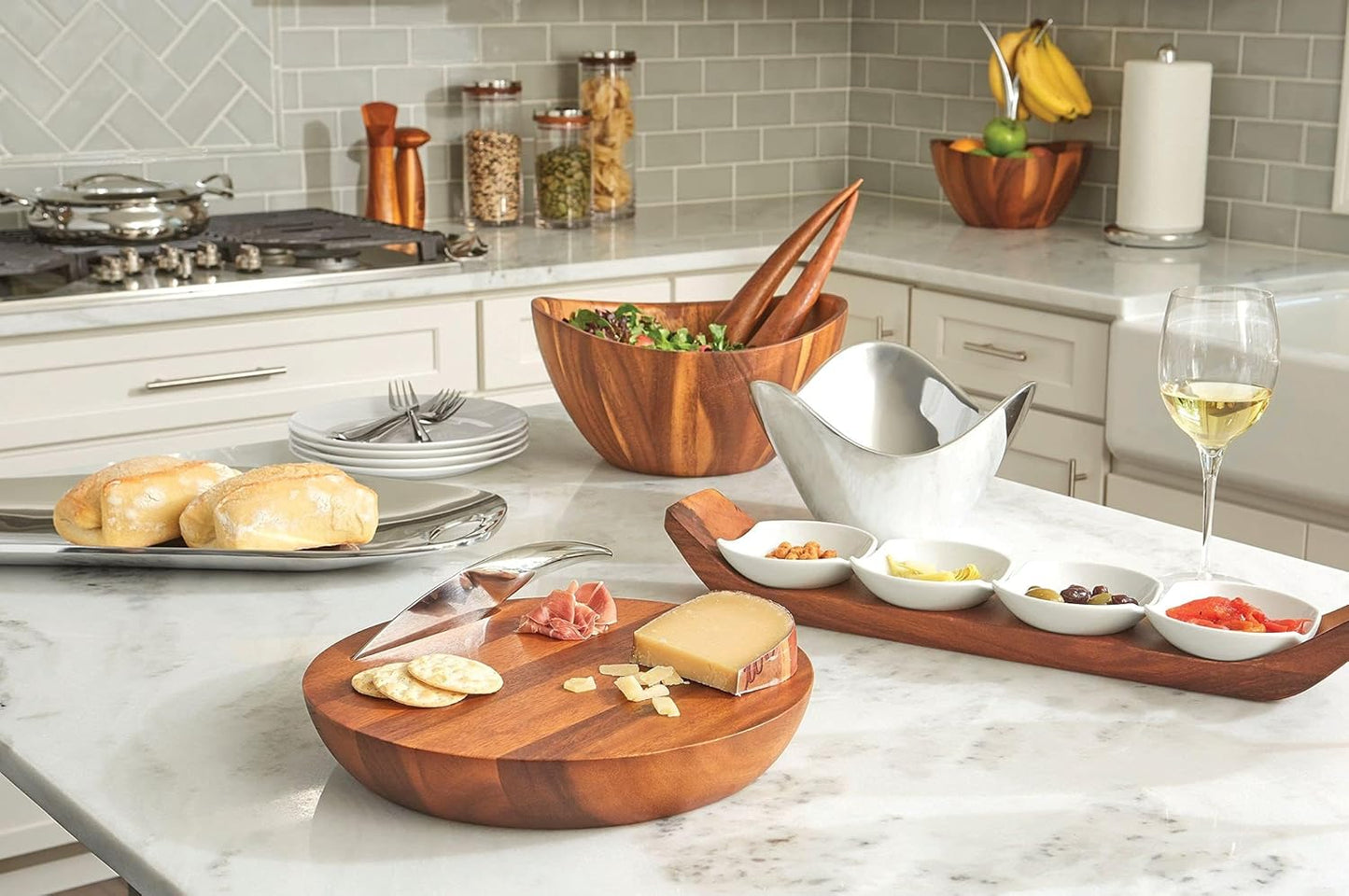 Nambé Canu Chip & Dip – Acacia Wood Base with Removable Alloy Bowl for Heating or Chilling, Entertaining Serving Tray for Chips, Snacks, Appetizers, or Hors d’Oeuvres, Stylish Table Accent