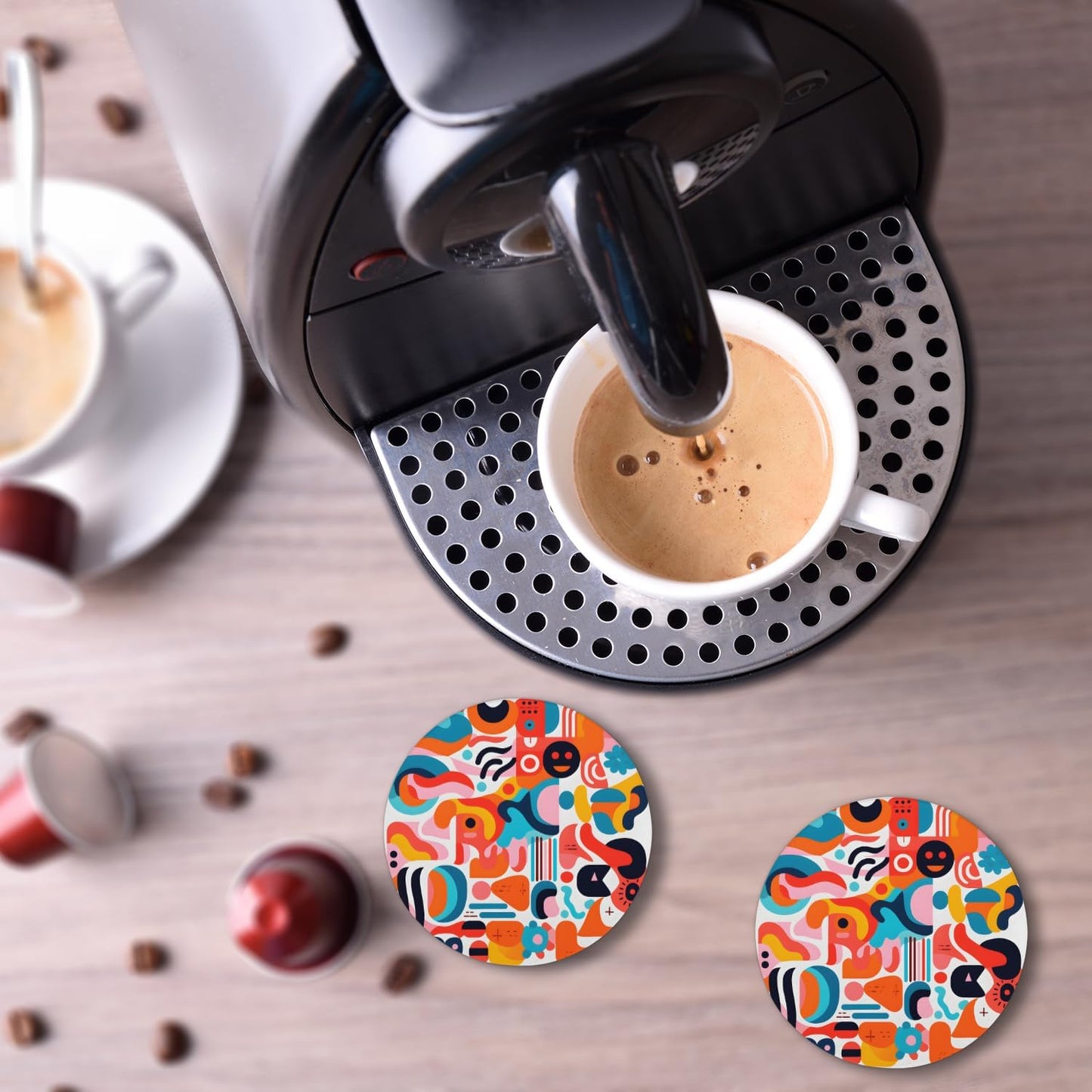Ceramic Coasters for Drinks with Cork Back, Colorful Abstract Shapes 4 Inch Absorbent Coaster Set 2 Pack, Quick Dry Non-Slip Coaster Mats for Home, Office, Bar