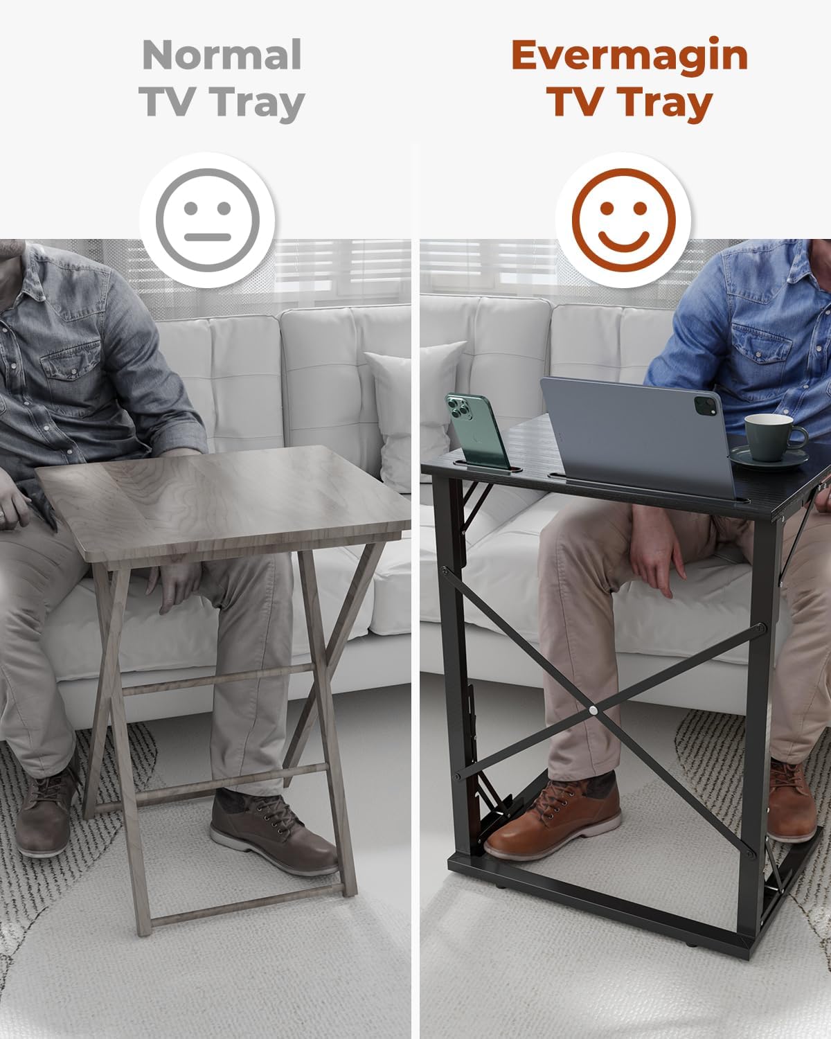 21''Wx28''H Folding TV Tray for Eating, Small Foldable C-Shaped Tray Table with Tablet and Phone Slots, Slide Under Couch Side Table for Recliner, Living Room, Bedroom, Deep Grey