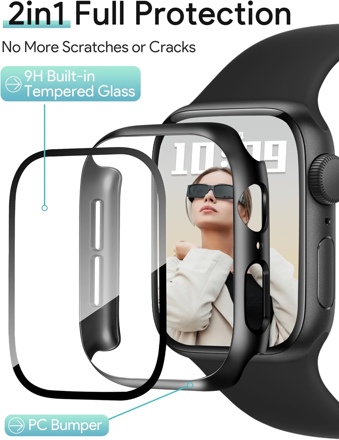 JR.DM 40mm 2 Pack Hard PC Case with HD Tempered Glass Screen Protector for Apple Watch Series 6/5/4/SE/SE2/SE3, Guard Bumper Full Coverage Protective Anti-Scratch Face Cover for iWatch, Black+ Black
