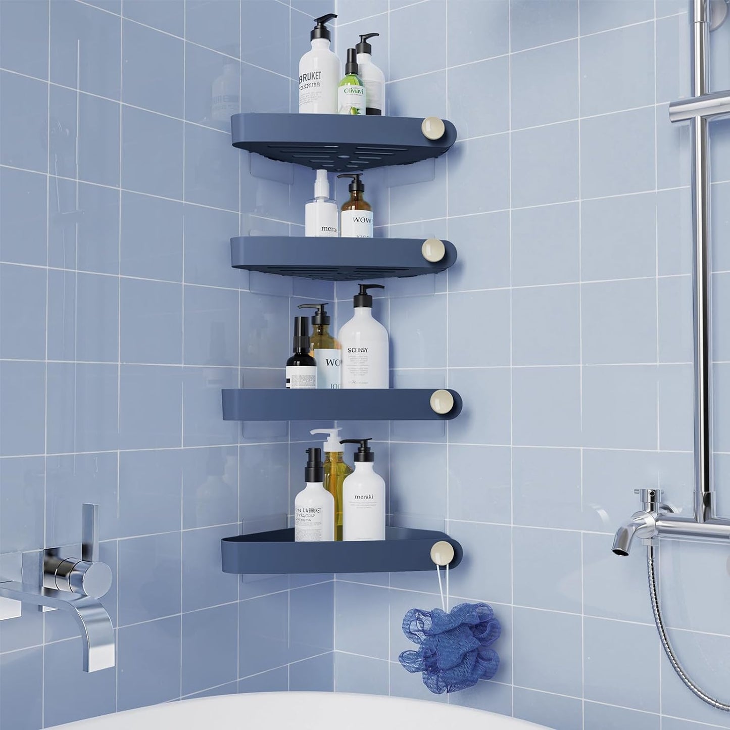 Sotfamily Shower Caddy Corner, 4 Pack Adhesive Corner Shower Shelves for Bathroom Organizers and Storage, Rust Free Plastic Rack for Bathroom Accessories & Decor, Navy