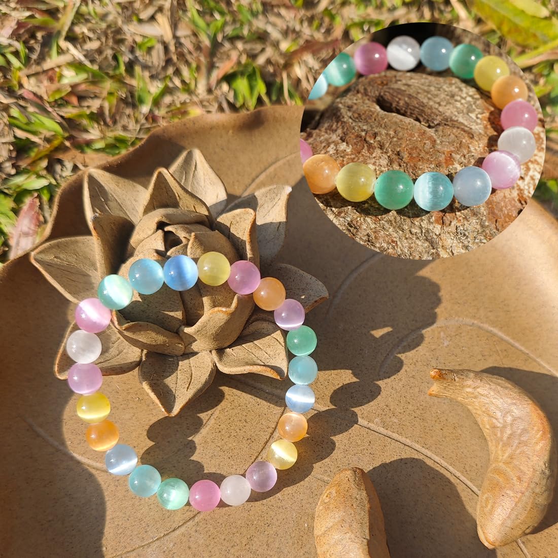 8mm Rainbow Selenite Bracelet - Iridescent Natural Crystal | Handmade Meditation Bracelet with Cat-Eye Effect | Come with Beading Tool Kit - Adjustable to 6.5-7.5 inches Wrist Size