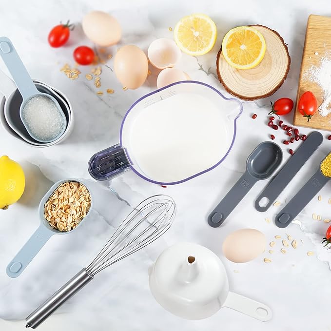 11-Piece Measuring Cups and Spoons Set with Stackable Measuring Cup, Lid, and Dough Scraper, Unique Kitchen Gadgets for Baking and Cooking, BPA-Free, Dishwasher Safe