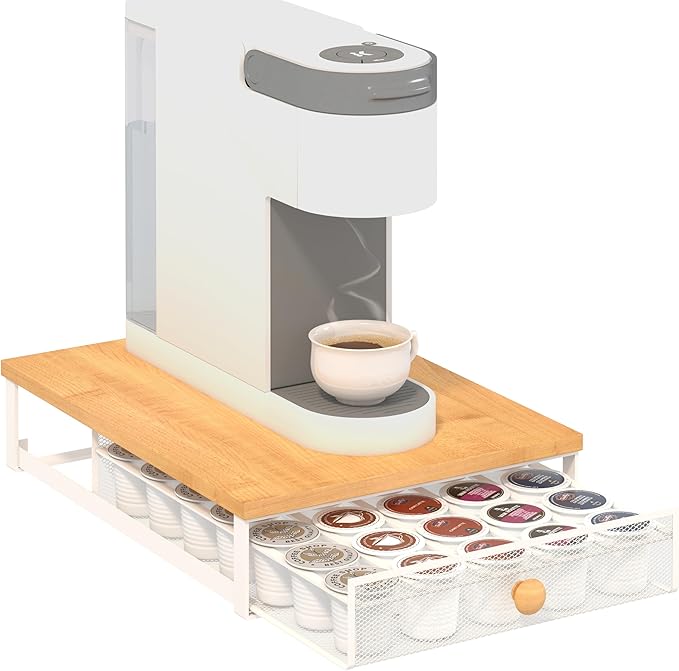 Coffee Pod Holder Counter Coffee Vertuo Capsules Storage Organizer with Sliding Drawer Compatible For K-Cup Pods Nespresso Pods No Assembly Needed Oak Color
