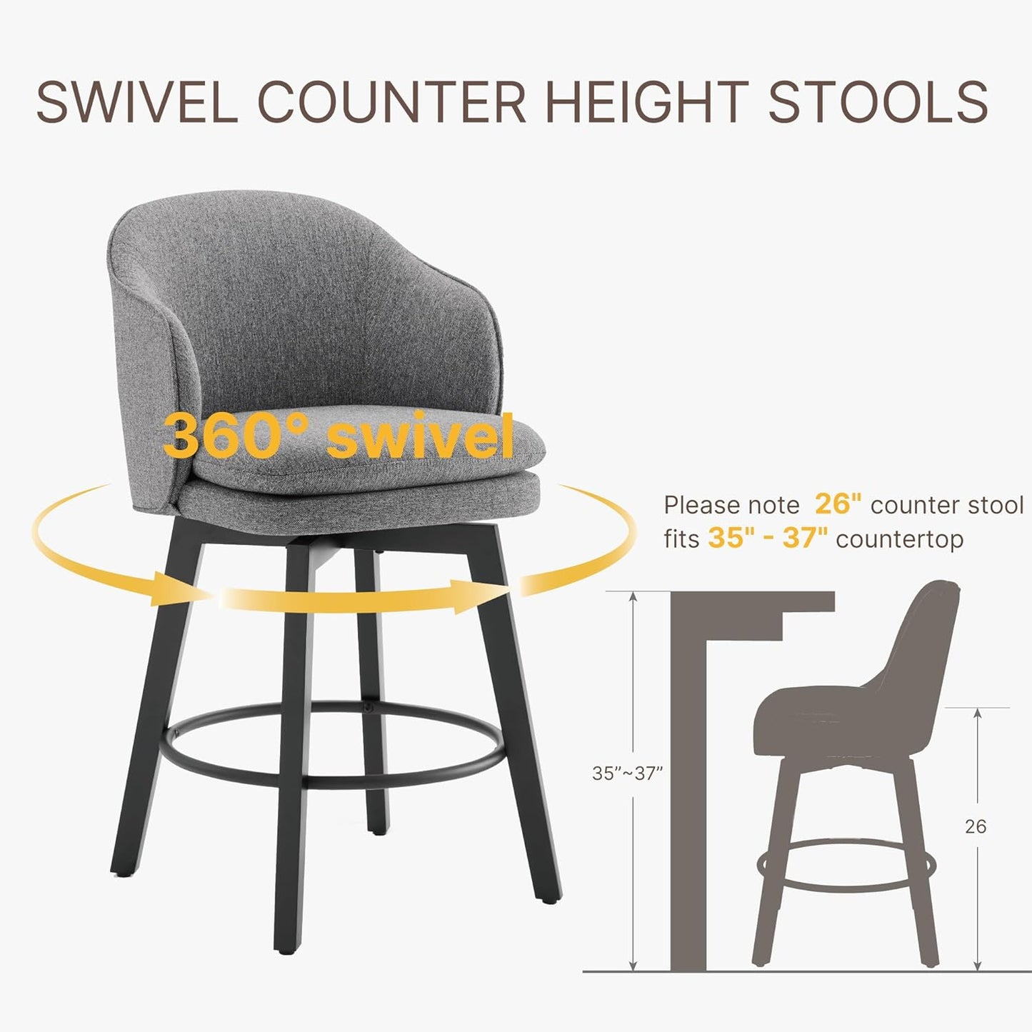 Counter Height Barstools 26 inch Upholstered Swivel Bar Stools with Back and Wood Legs for Kitchen Island,Set of 4,Dark Grey Fabric
