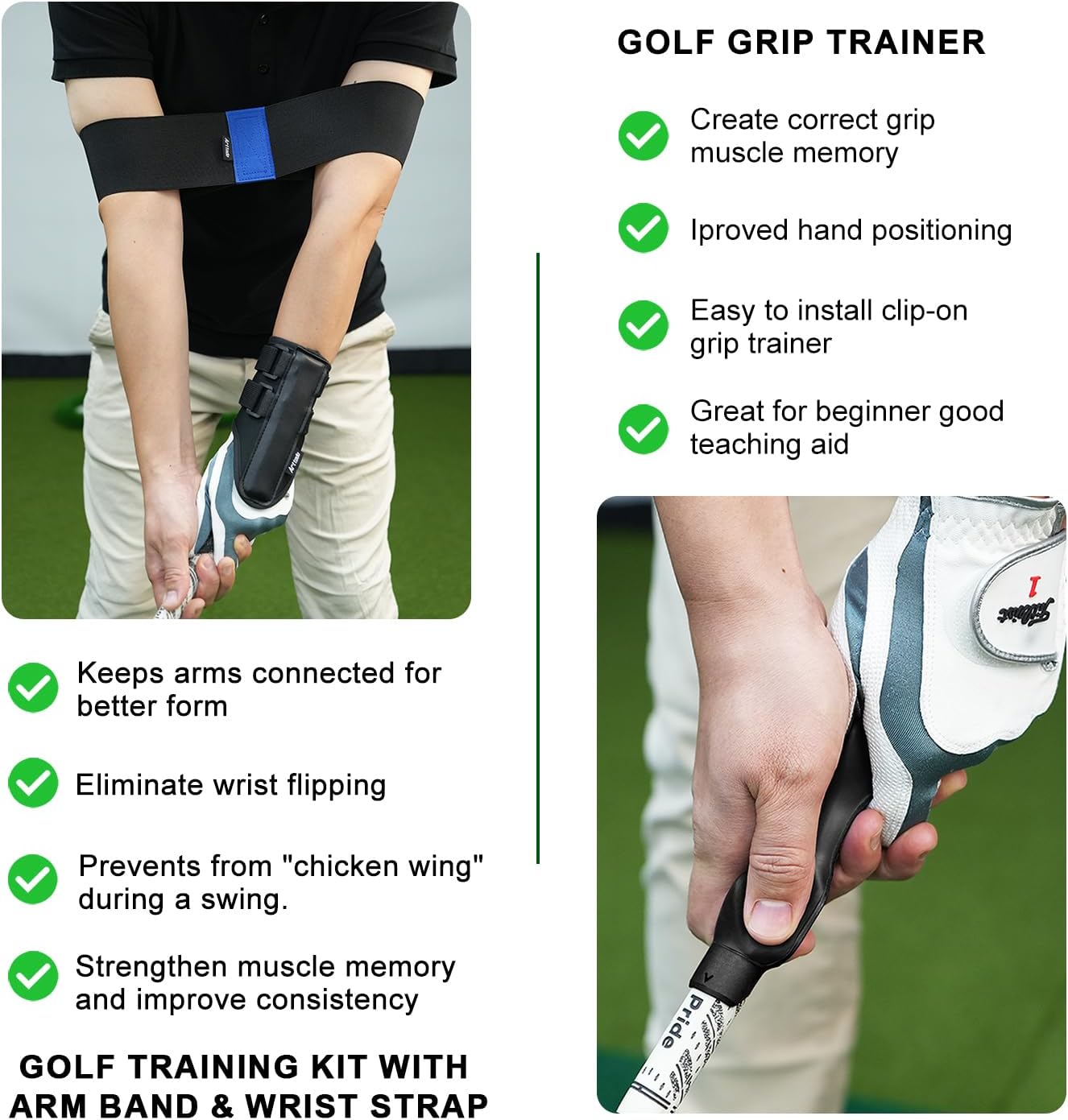 Golf Training Kit with Arm Band & Wrist Strap, Golf Swing Training Aid to Correct Wrist Angle and Develop Muscle Memory for Beginner Golfers