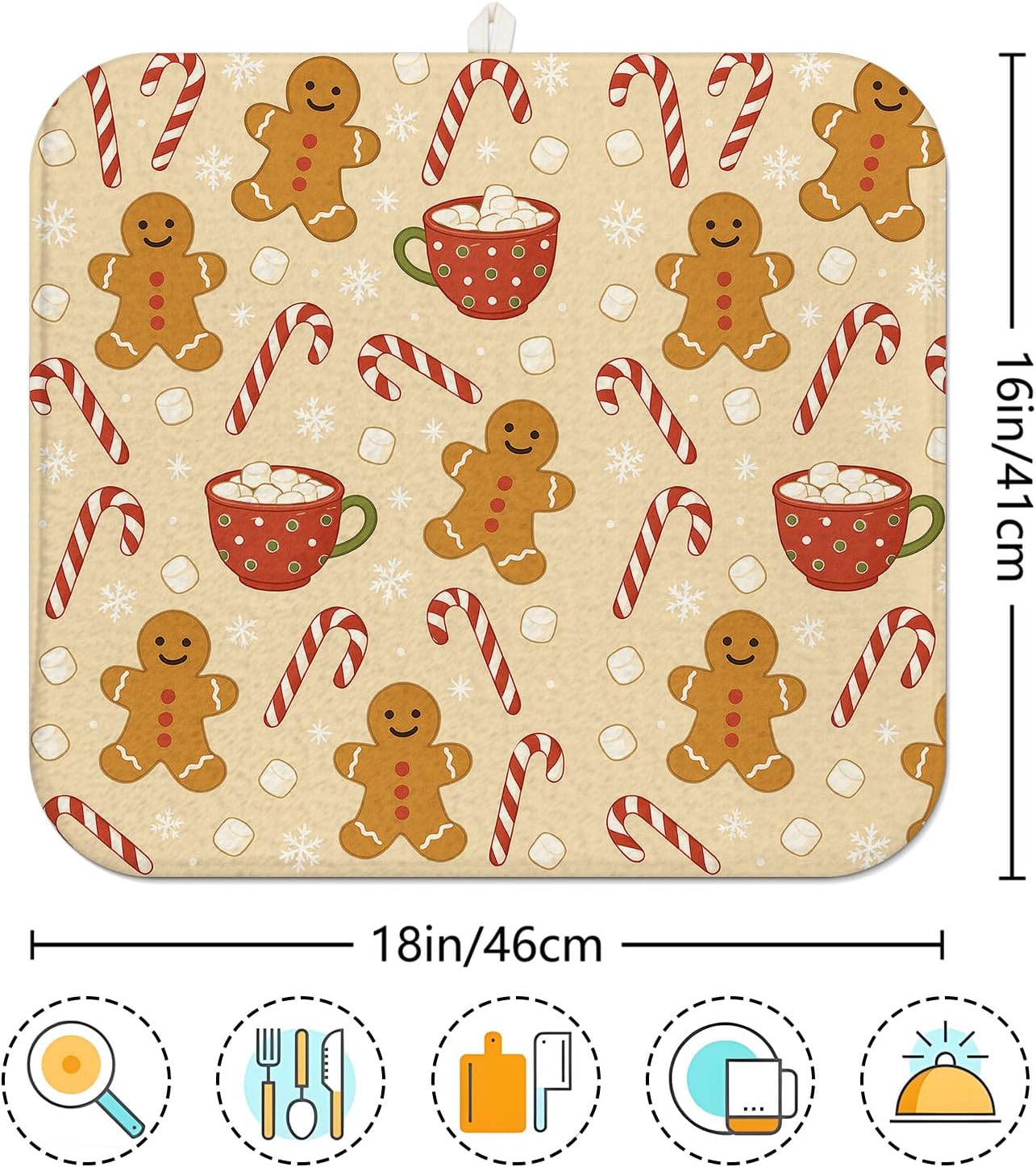 Christmas Drying Mat for Kitchen Counter 16" X 18" Gingerbread Dish Drying Mat for Kitchen Decor Xmas Drying Mats For Home Counter Drying Mats For Dishes Dish Mat Drying Mat