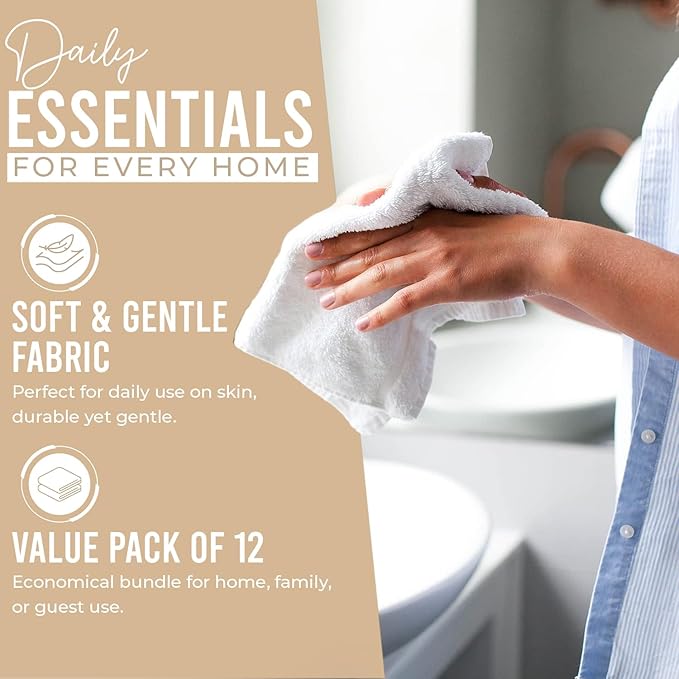 DAN RIVER 12 Pack Wash Cloths for Showering [12x12] - 100% Cotton Washcloths Premium Quality Flannel Face Cloths for Bathroom, Highly Absorbent and Soft Feel Wash Clothes, Tan