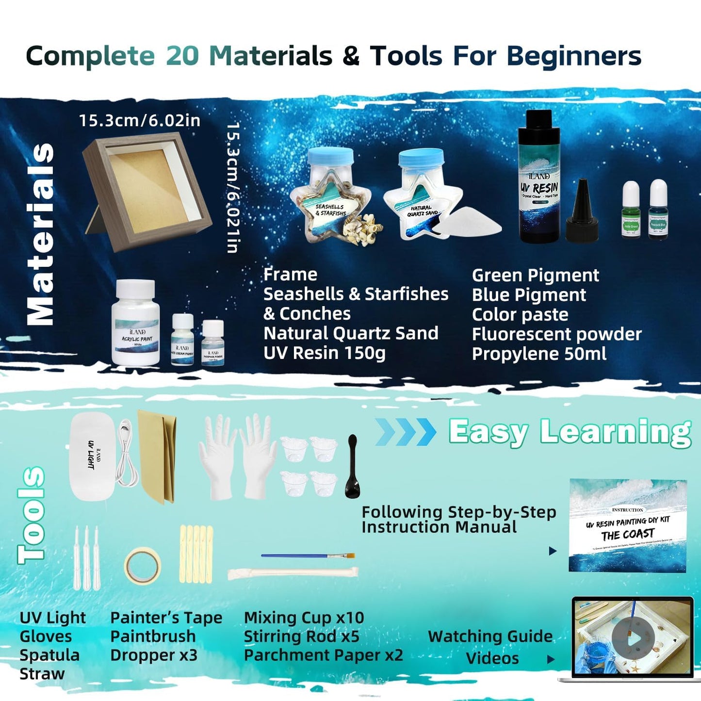 iLAND Crafts for Adults Resin Art Kit DIY Beach Ocean Themed Crafting Adult Girls Night Craft Making Set Date Night Painting Kit for Couples Unique Christmas Gifts for Crafty Women Teen Girls Romantic