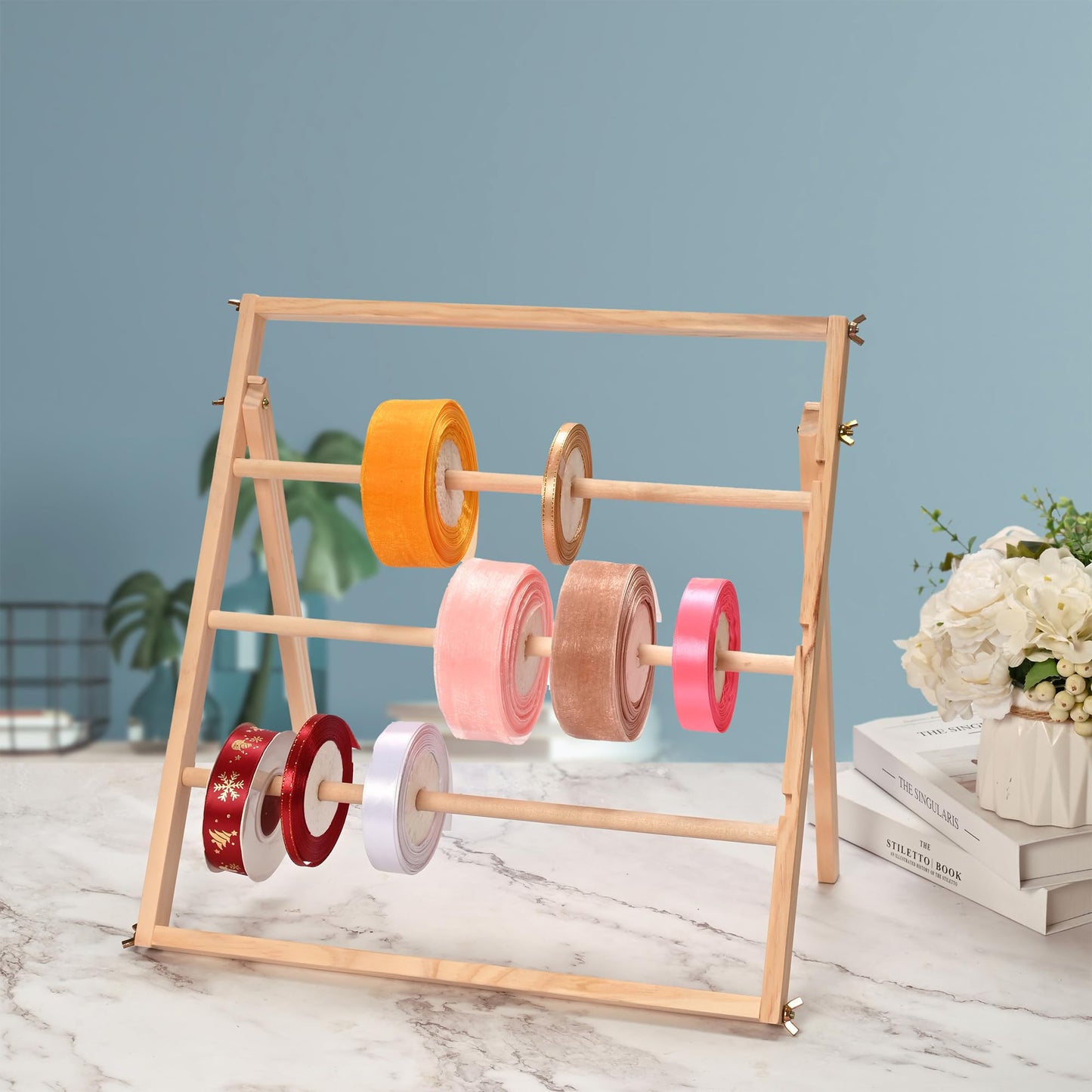 Sparkle Race Ribbon Organizer Storage, Wooden Ribbon Holder Organizer Rack for Craft Mesh Ribbons Arts & Crafts Supplies, Christmas Ribbon Storage Sticker Roll Holder Sewing Thread Organizers