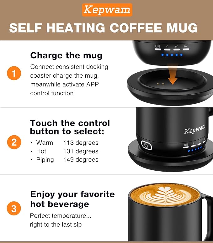 Kepwam Self Heating Coffee Mug T1-16oz Fast Heating & Ultra Long-Lasting Battery Life, Heated Coffee Mug Up to 149℉ - Touch & App Controlled Coffee Mug, Birthday Gifts for Women and Men