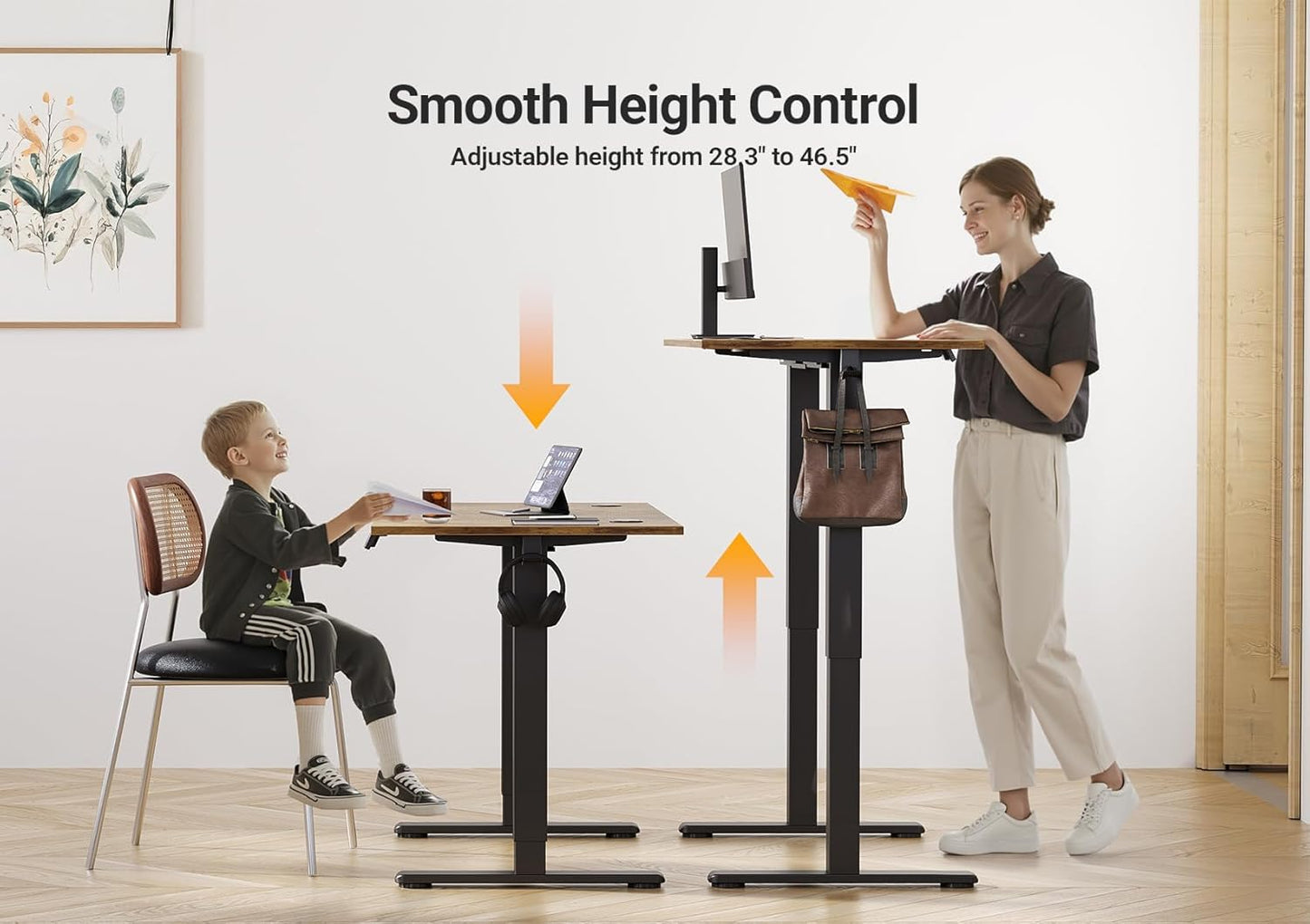 Seang Electric Standing Desk Adjustable Height, 48 x 24 Inch Sit Stand Desk with T-Shaped Frame, 3 Memory Presets & Cable Management for Home Office Computer Workstation, Black Frame/Rustic Brown Top