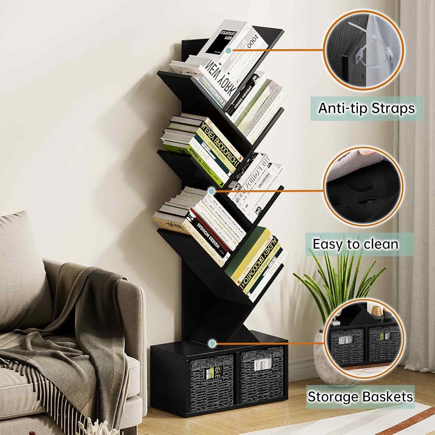 Vagusicc Tree Bookshelf, 6 Tier Bookshelf with Storage, Tall Narrow Bookcase, Rustic Wood Book Storage Rack for CDs/Books, Small Book Organizer Shelves for Bedroom, Living Room, Home Office, Black