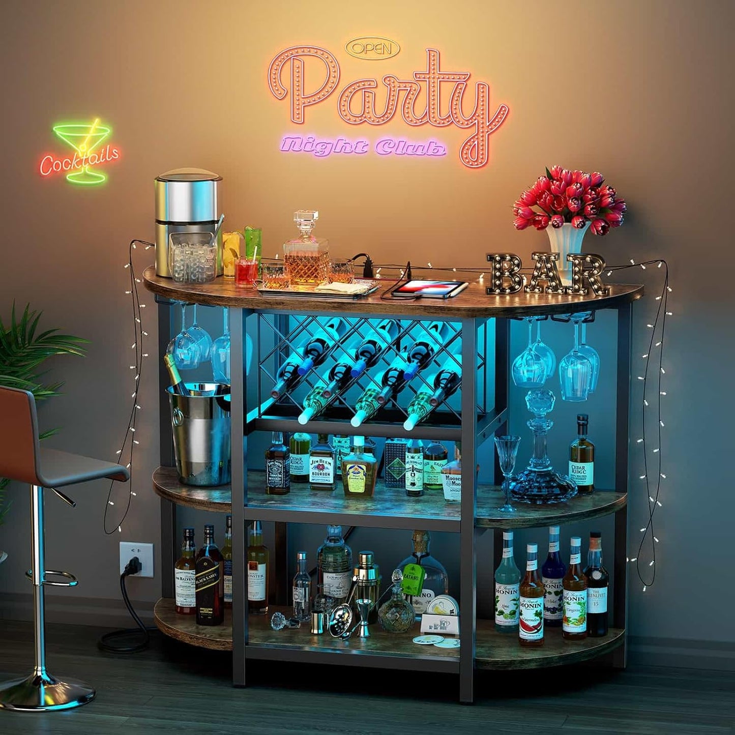 Zarler Bar Cart with Power Outlet Easy to Assemble, LED Home Bar Cabinet for Liquor, 47.3" L x 15.8" D x 36" H Metal Mini Bar Table with 4-Tier Storage, Brown