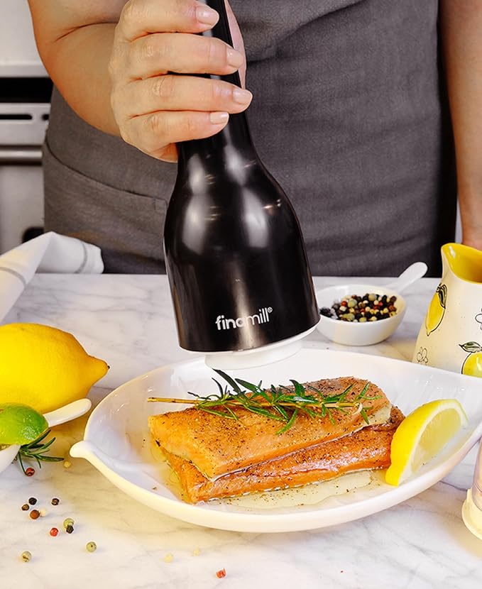 FinaMill Classic Battery Spice Mill – Battery Operated Salt and Pepper Grinder Set, Includes 2 Interchangeable Spice Pods, Adjustable Coarseness, Ceramic Grinder, LED Light, Kitchen Gifts for Women