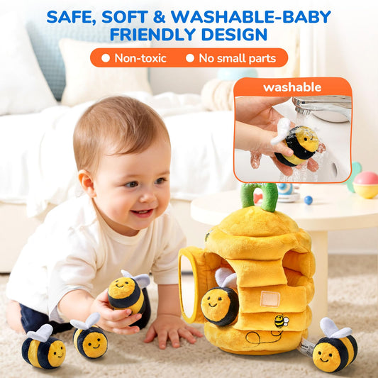 JOYCAT Ice Cream Toys, Color Recognition Stacking Play Set with 7 Matching Cones & Scoops, Pretend Play Food for Kids +Soft Baby Beehive with 5 Sensory Bees
