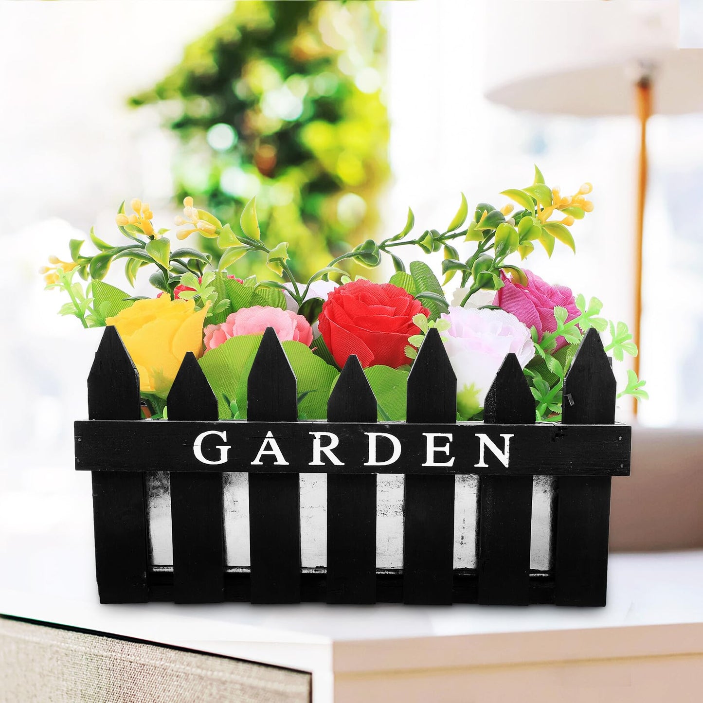 Homoyoyo Rectangular Wooden Fence Flower Pot Planter Box for Balcony and Garden, Hollow Creative Planting Basket in Black, Decorative Outdoor Patio Container for Flowers Arrangement