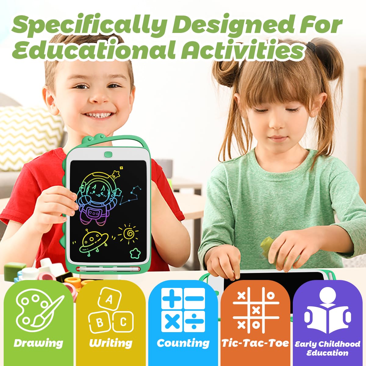DPEDUAI LCD Writing Tablet for Kids, 10.5 Inch Colorful Doodle Board Drawing Pad, Erasable Reusable Educational Toddler Toys for 3 4 5 6 Year Old Boys Girls, Travel Essentials Birthday Gifts (Green)