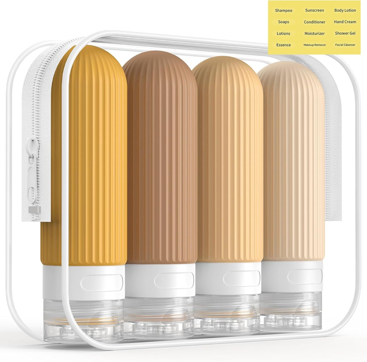 ME.FAN Travel Bottles for Toiletries, TSA Approved 3oz Silicone Journey Size Containers, Portable Split Bottle for Conditioner, Shampoo, Lotion- 4 Pack Yellow