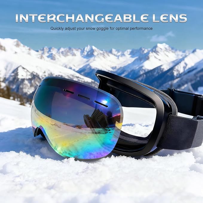 Ski Goggles - REVO Anti-Fog Lens, UV400 Protection, TPU Frame, for Men & Women (Silver & Gray Lens)