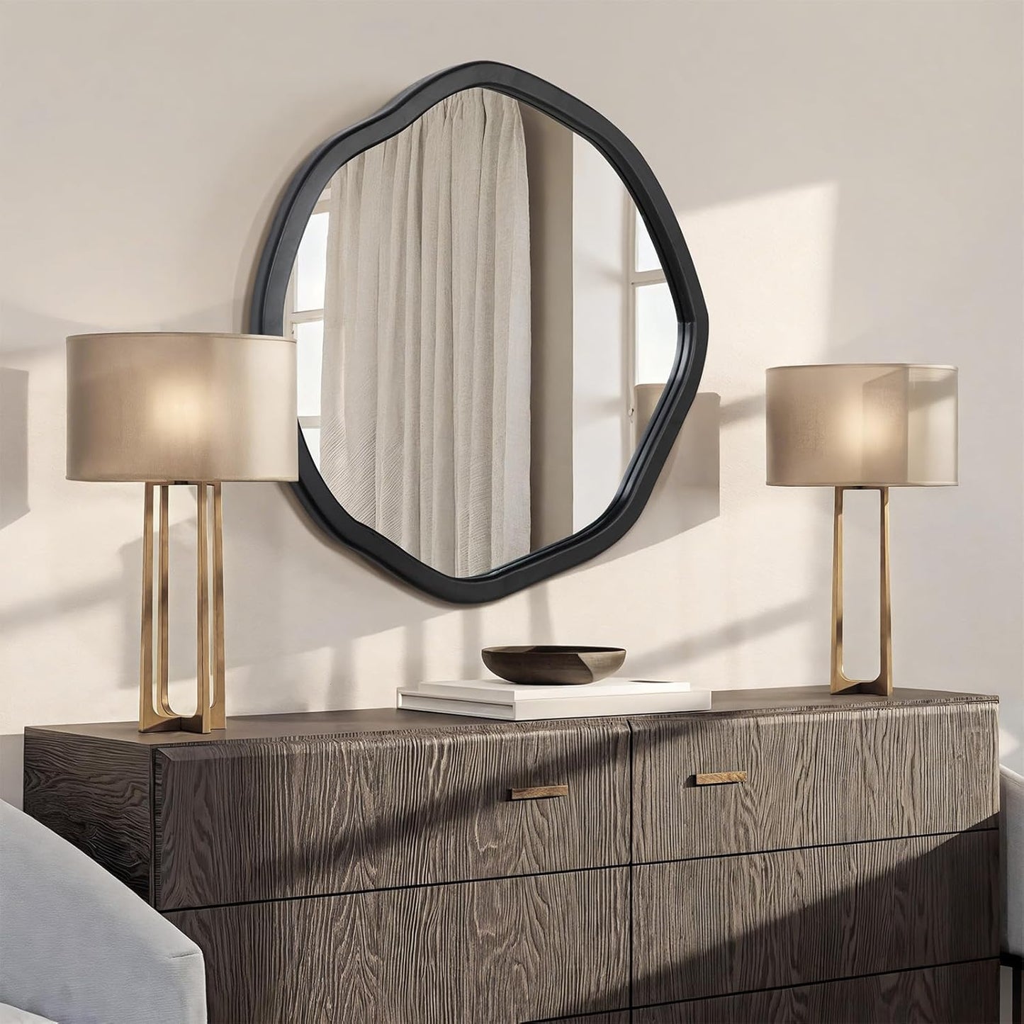 ULIKE Round Wood Mirror, 30 Inch Black Asymmetrical Circle Vanity Mirror with Wood Frame, Modern Decorative Wall Mount for Bathroom Bedroom Living Room Entryway